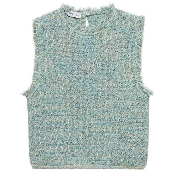 MNG Mango Women's Tweed Top Fringe Hem Sleeveless Cropped Blue Size S NWT - Picture 1 of 10